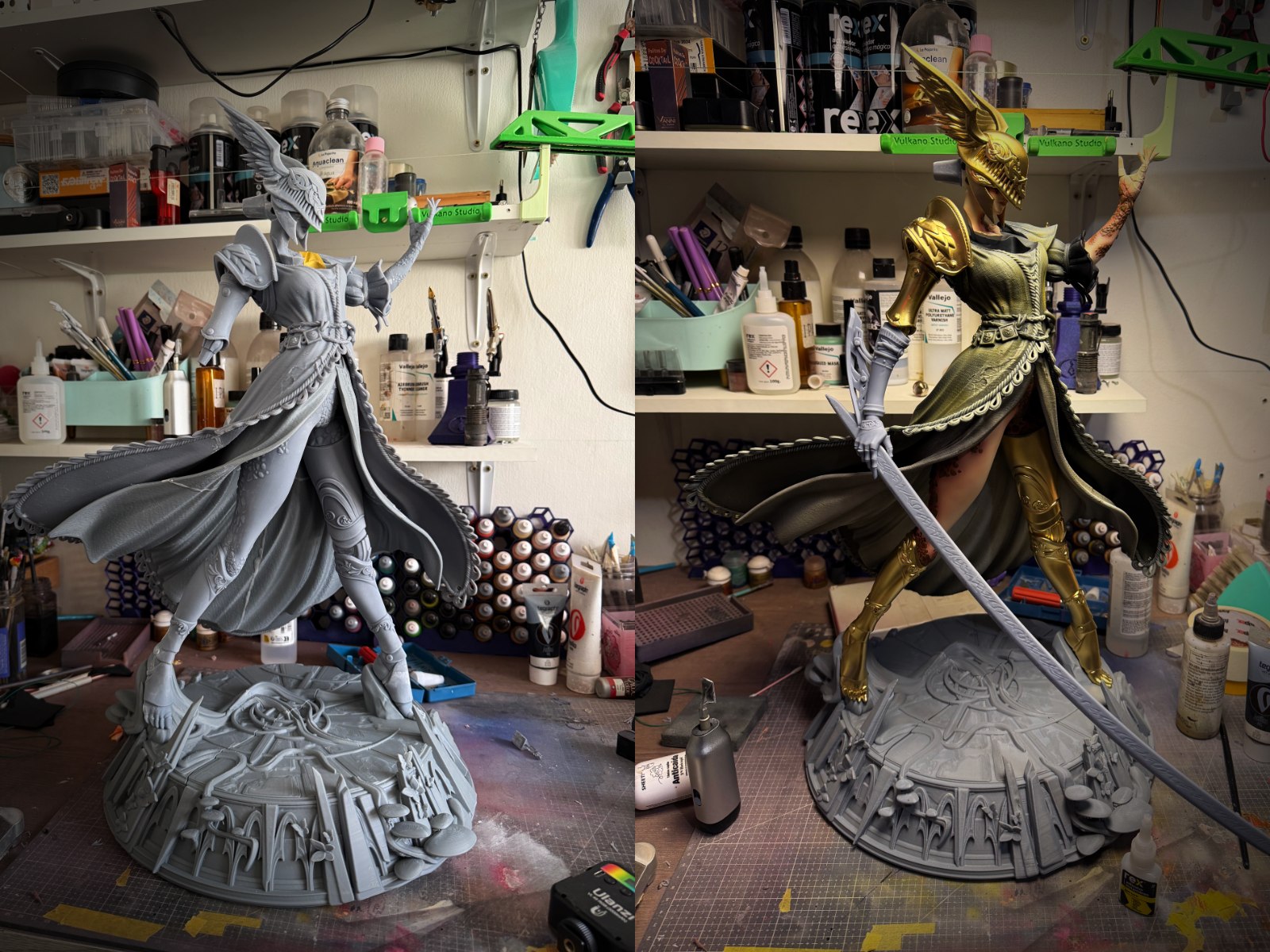 Dos figuras del taller en distintas etapas de acabado.