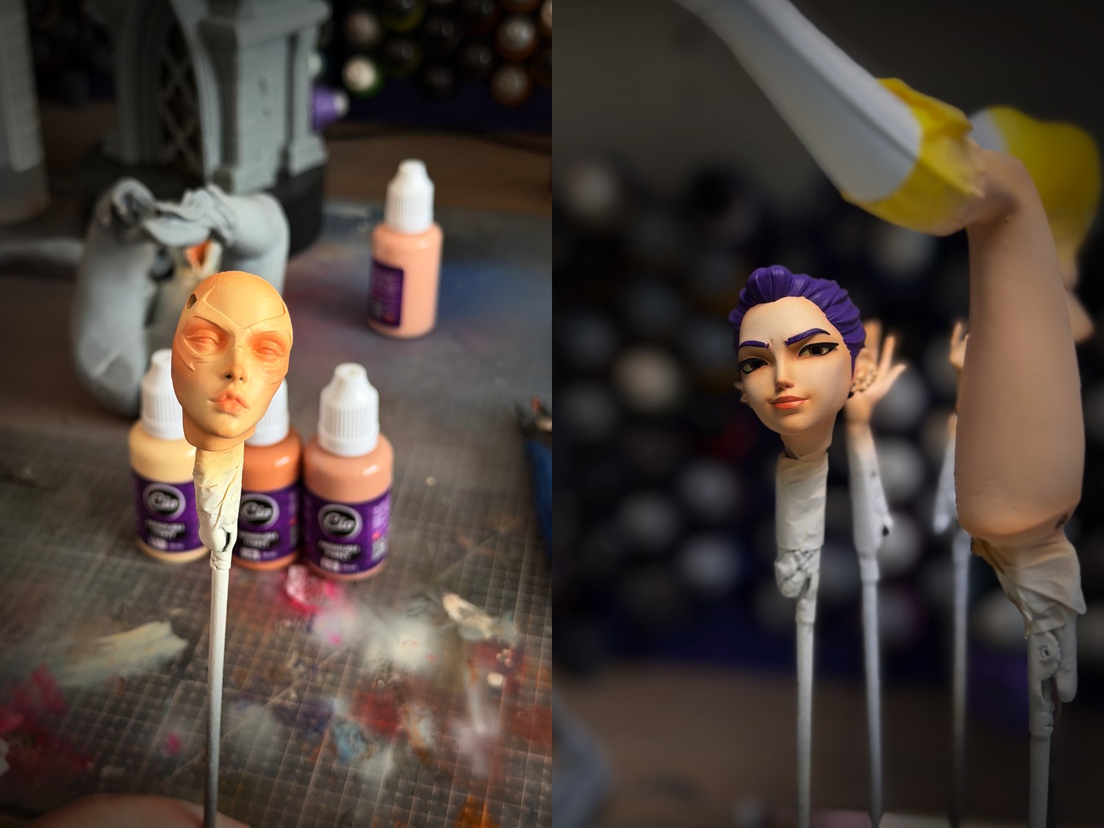 Cabezas de figuras mientras se trabaja en su pintura.